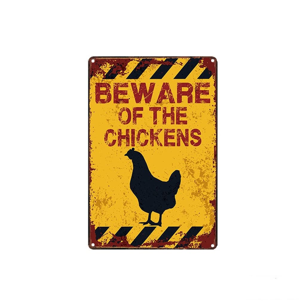 20x30cm Animal Warning Sign/Funny Vintage Metal Garden Warning Sign BEWARE OF THE DOG fit for Wall Art Decoration with 4 Hole fit for ​Home Bar Restaurant Pub Cafe Accessories(Beware of The Chicken）