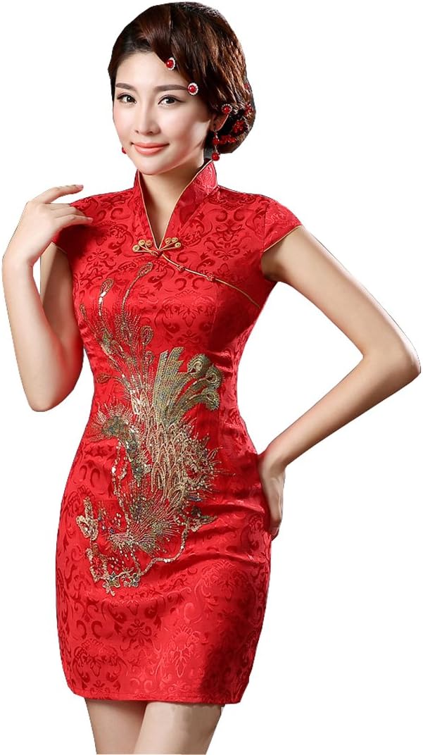 YueLian Women's Chinese Style Wedding Dress Short Phoenix Qipao Cheongsam Party Dress