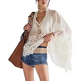 Women Sheer Poncho Top Y2K Oversized V Neck Batwing Sleeve Cover Up Blouse Fairy Lace See Through Mesh Flowy Top