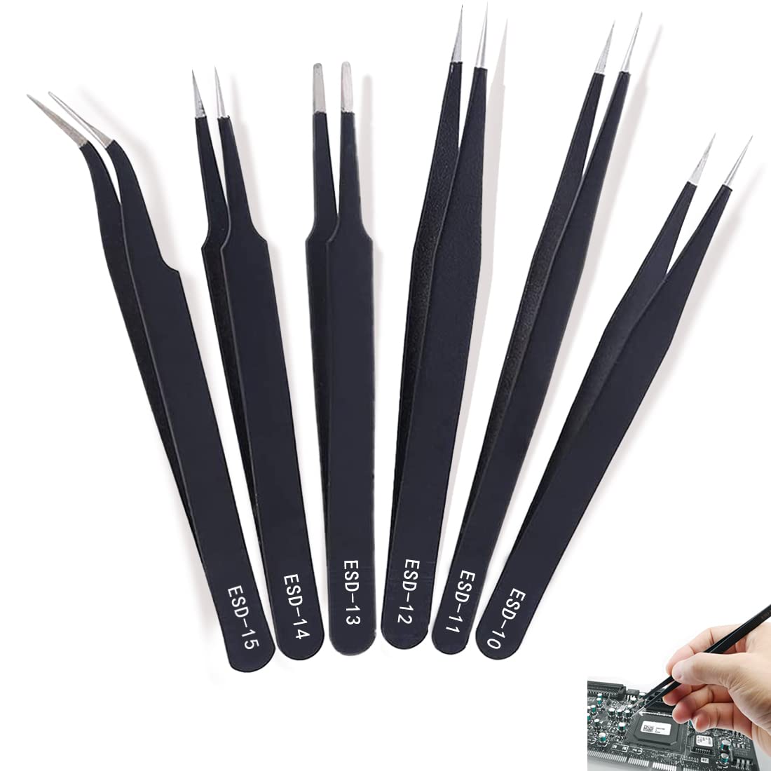 6-Piece Precision Tweezers Set Anti-Static, Multi-Function Stainless Steel Tweezers Set, Used for Electronics, Jewelry, Handicrafts, Laboratory Work, Hobbies and Other Maintenance Tools