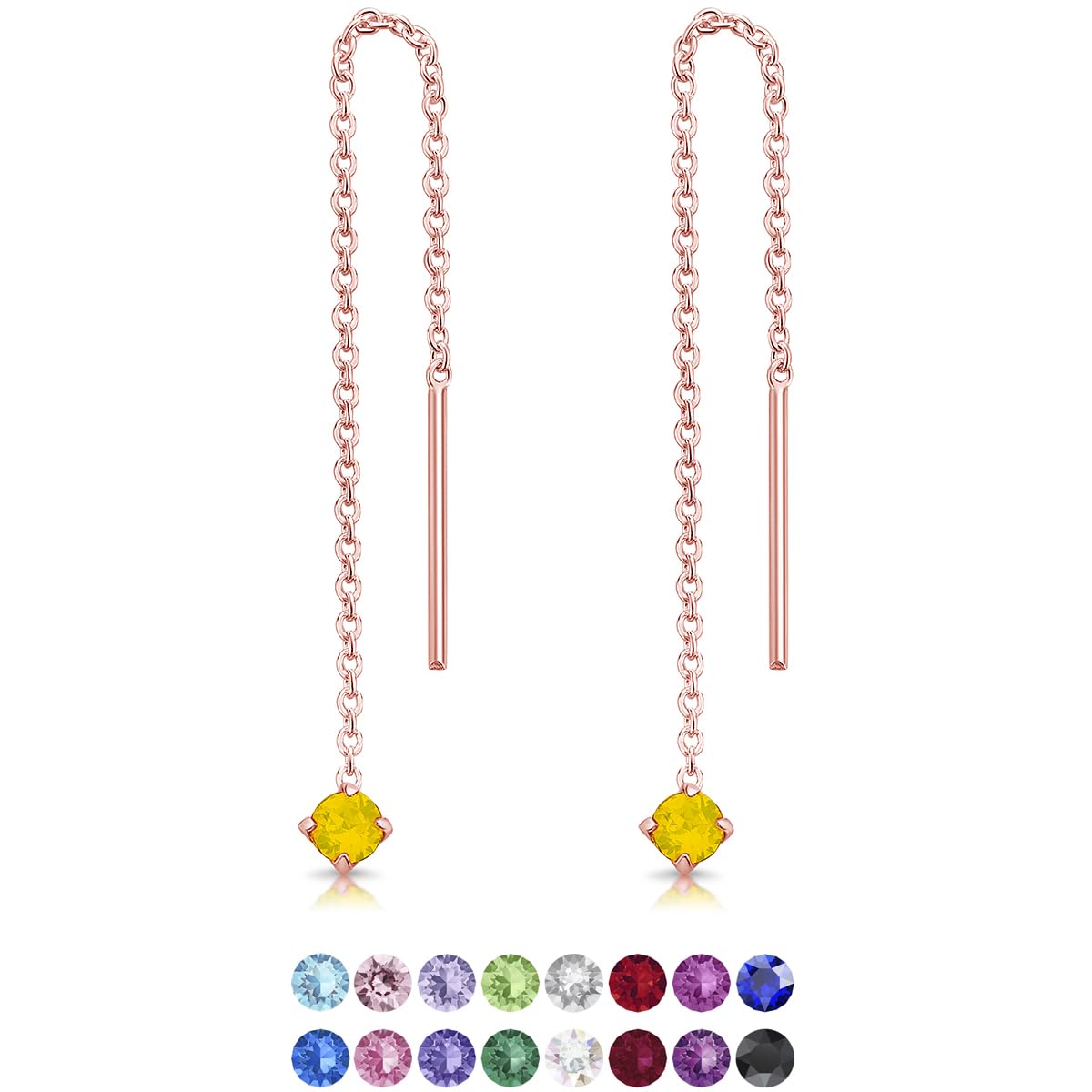 DTPsilver® 925 Sterling Silver Rose Gold Plated SMALL Pull Through Drop Chain Earrings & MINI Round Dangling 3 mm Glittering Crystals from Swarovski® Elements - Length 57 mm - Colour : Yellow Opal
