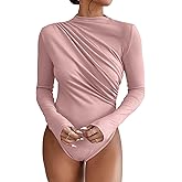 SweatyRocks Women's Bodysuit Mock Neck Casual Ruched Long Sleeve Jumpsuit