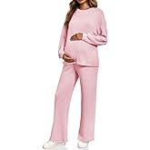 Yousify Womens Maternity Pajamas Sets 2 Piece Outfits Ribbed Knit Long Sleeve Tops Pants Loungewear Mama Clothes