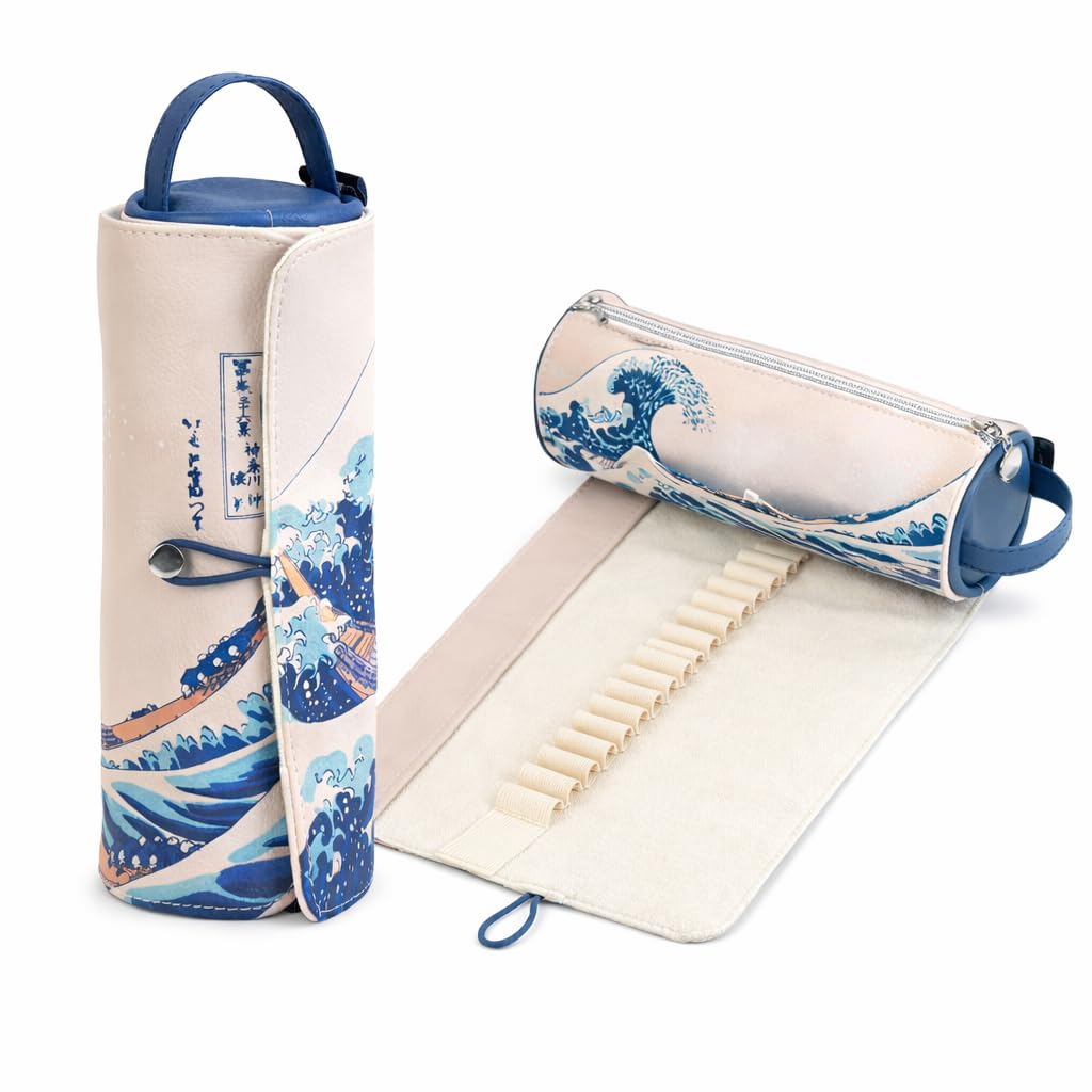 Grupo Erik Hokusai Roll Up Pencil Case - 8 x 3 x 3 inches / 21 x 7.5 x 7.5 cm - Cosmetic Case - Large Pencil Case - Cute Stationery - The Great Wave Off Kanagawa