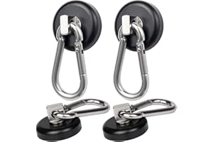 WELLZEER Magnetic Hooks 100lbs Black Magnet Hooks with Swiveling Carabiner for Hanging Refrigerator Strong Large Neodymium Magnet (100LBS-4PACK-BLACK)
