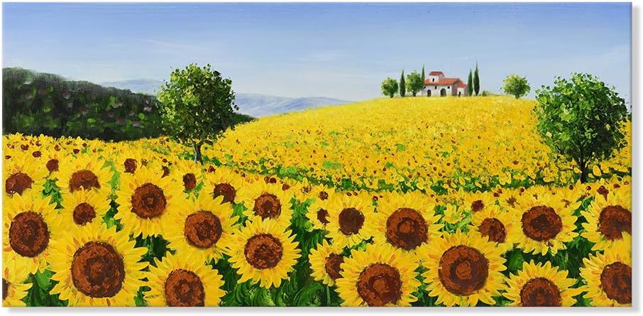Amazon Com Seven Wall Arts Yellow Sunflowers Field Tuscany Italy Landscape Painting Flower Field Vineyard Framed Artwork For Living Room Bedroom Kitchen Office Home Decor 36x18 Inch Paintings