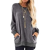 YAKER Women's Long Sleeve Round Neck Casual T Shirts Blouses Sweatshirts Tunic Tops with Pocket