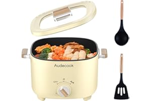 Audecook Hot Pot Electric, 2.5L Portable Nonstick Multicooker for 1-3 Persons, Honeycomb Texture Travel Electric Skillet with Dual Power Temperature Control for Steak/Egg/Noodles/Oatmeal (Beige)
