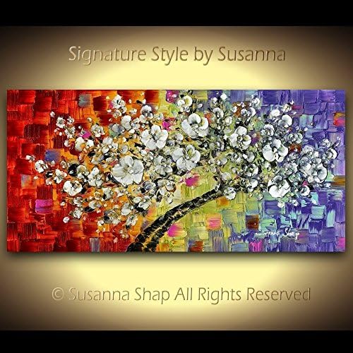 Abstract Tree of Life White Cherry Blossom multi colored Canvas PRINT Curvy Bonsai Wall Art Modern Landscape Art direct from original artist Susanna Shap- sizes at top right of page drop down list