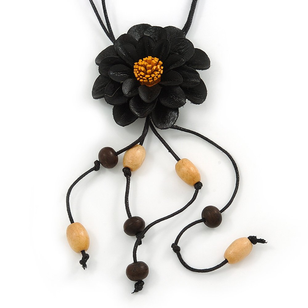 Avalaya Black Leather Daisy Pendant with Long Cotton Cord - 80cm L - Adjustable