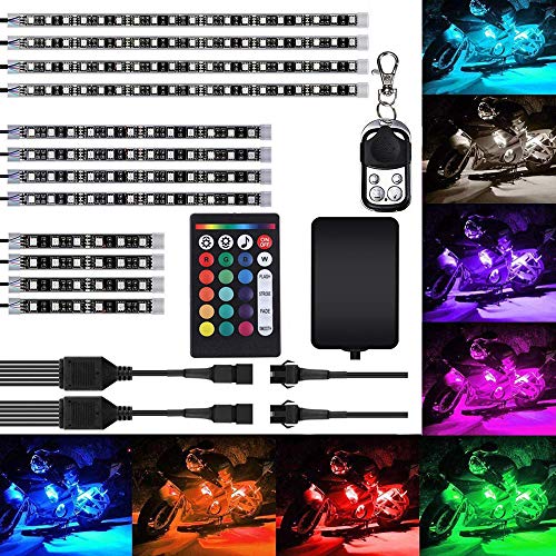DSOW 12Pcs Motorcycle LED Light Kit RGB Motorcyle Strips Lighting Waterproof Accent Glow Ground Effect Lights with Wireless Dual Remote for Harley Davidson Honda Kawasaki Suzuki, 1 Year Warranty