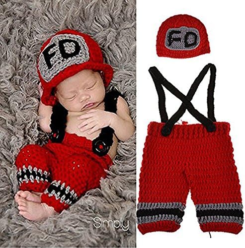 Baby Photo Prop Outfit Clothes Knit Crochet Photopraphy Dress Handmade Fireman Caps Pants(Fireman)