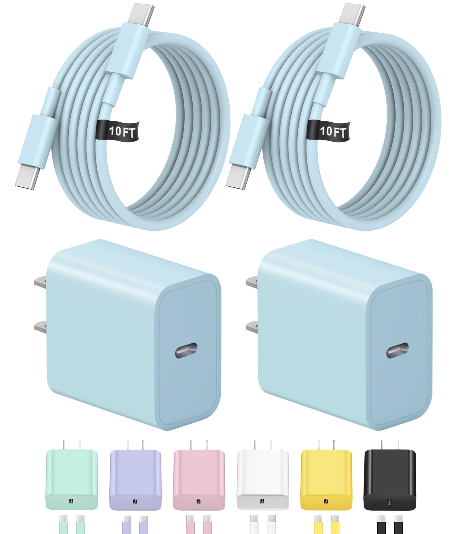 Photo 1 of 10FT iPhone 17 16 15 Charger Fast Charging USB C Charger Block Type C Chagrer Fast Charging 2-Pack for iPhone 17/17 Plus/17 Pro/17 Pro Max/iPhone 16/16 Plus/16 Pro/16 Pro Max/15/15 Pro Max(Blue)