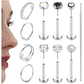 LOLIAS 14K Gold Plated Nose Rings 20G 18G Threadless Nose Rings Hoops Studs - 316L Surgical Steel Push in Flat Back Nose Stud - CZ Hypoallergenic Nose Tragus Helix Piercing Jewelry for Women Men 11Pcs