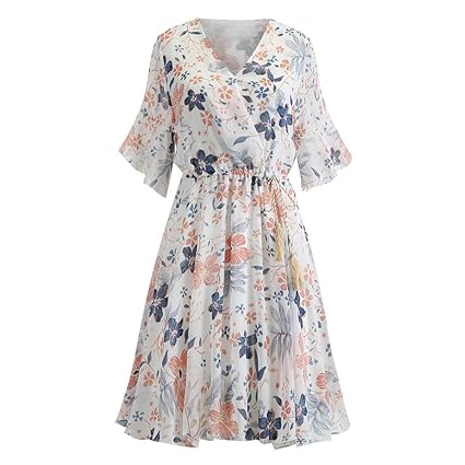 Damen Casual Sommer Chiffon Floral Flare Kurzarm Boho Party Hochzeitskleid Mädchen Festlich Knielang Abendkleider TüLl Transp