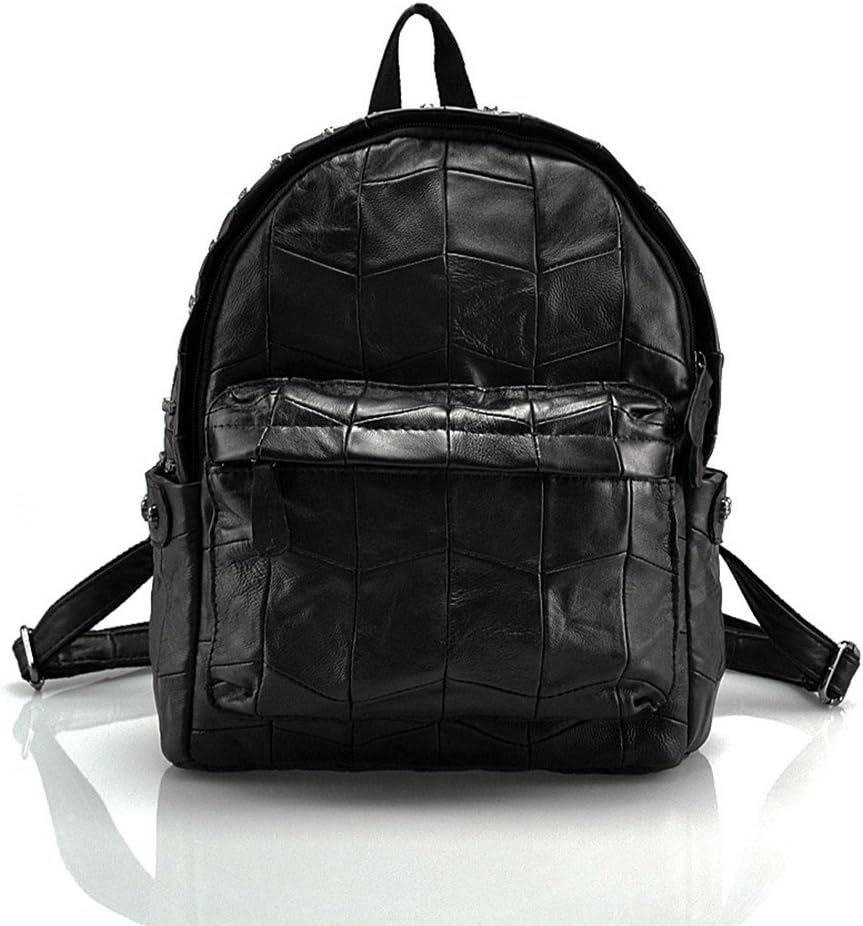 LQT Women's Fashion Retro Sheep Leather Backpack Top-Handle Bag Rivert Skull Backpack Black