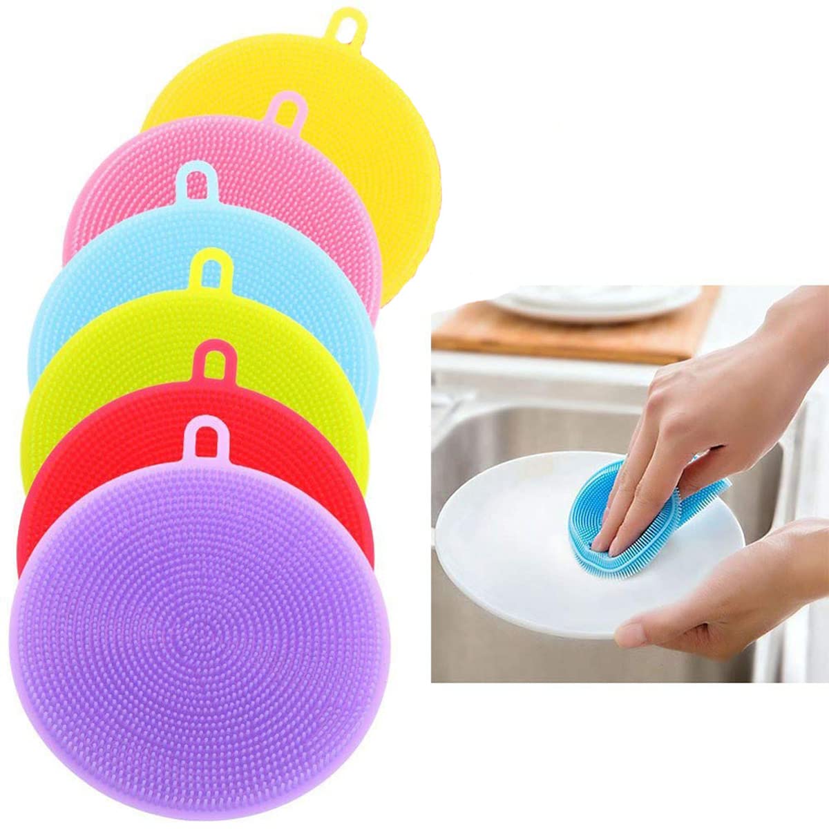 Dish Washing Brushes, 6 Pcs Kitchen Silicone Sponges Scrubber Multi-functional Cleaning Scouring Brushes for Washing Vegetable Fruits Bowl Dish Pot Pan