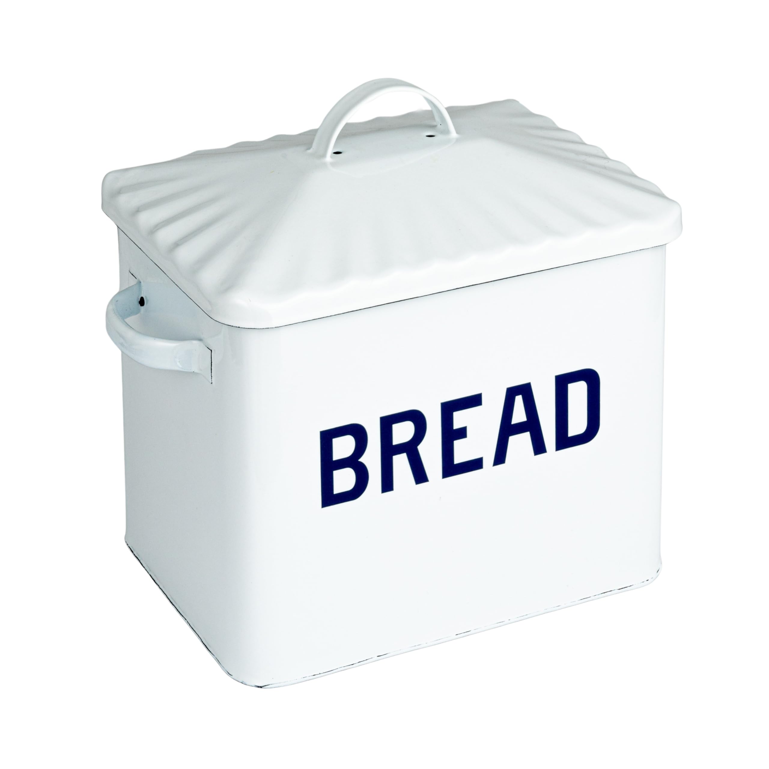 Creative Co-Op Chic Farmhouse Enameled Bread Box with Lid, "Bread" Message, White and Navy Image