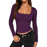 TiulZial Square Neck Shirt for Women - Long Sleeve Going Out Tops Double Lined Tight Crop T Shirt Slim Fit