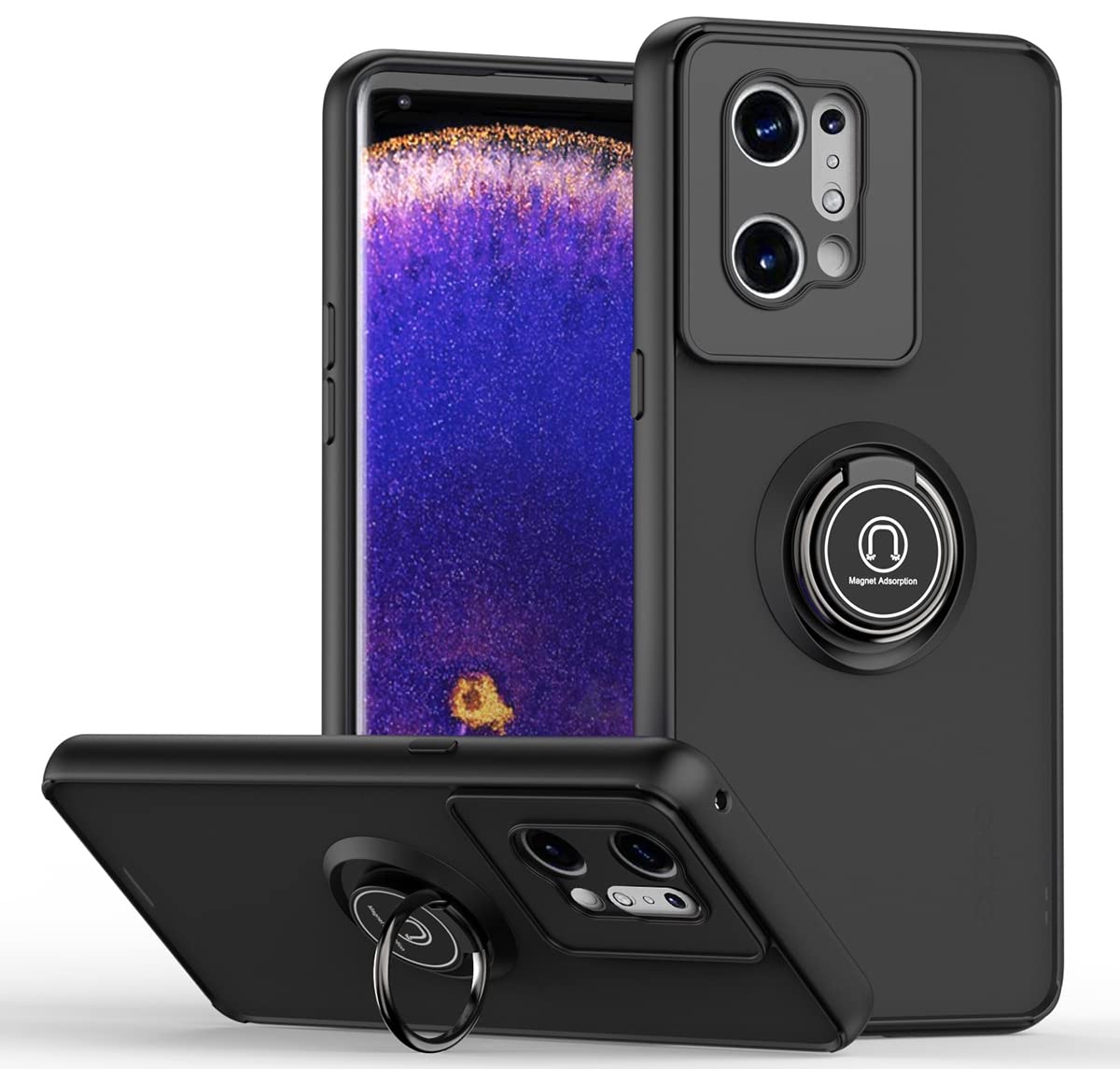 JIAFEI Case for Oppo Find X5 Pro Phone Case Shockproof Silicone Protection Cover Translucent Frosted PC/TPU with 360 Rotatable Magnetic Ring Kickstand - Black