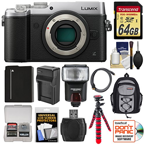 Panasonic Lumix DMC-GX8 4K Wi-Fi Digital Camera Body (Silver) with 64GB Card + Battery + Charger + Backpack + Flex Tripod + Flash + Kit