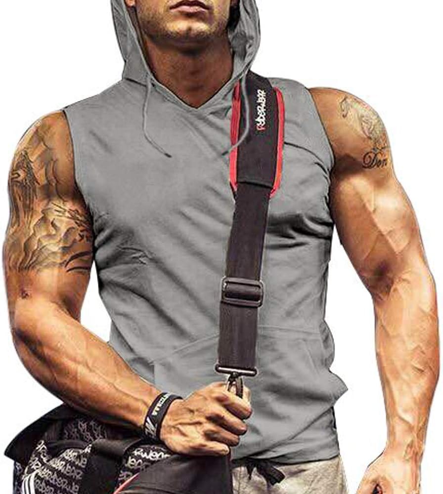 PoriffMens Tank Top with Hood Pocket Gym Hoodie Workout Sleeveless Muscle Shirt