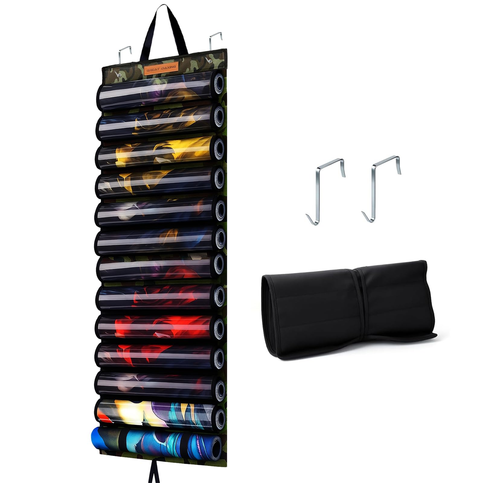 Photo 1 of Playmat Tube Storage Bag, Playmat Case with 12+1 Transparent Slots & 2 Hooks for Game Mat and Tubes, Portable Card Game Mat Organizer for MTG/TCG/RPG, 12 PVC Tubes, Camouflage Black