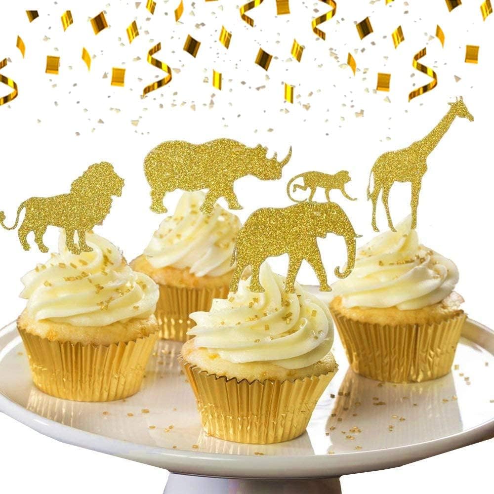 Photo 1 of JeVenis 30 Pcs Gold Glitter Jungle Safari Animal Cupcake Toppers Jungle Animals Cake Decorations for Jungle safari Animals Party Baby Showers Birthday Party