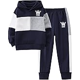 Fdqin Boys Hooded Pants Set 4 Piece Colorblock Sweatshirt and Jogger Pants Pullover Sweatsuit Fall Winter Outfits 4-12 Years