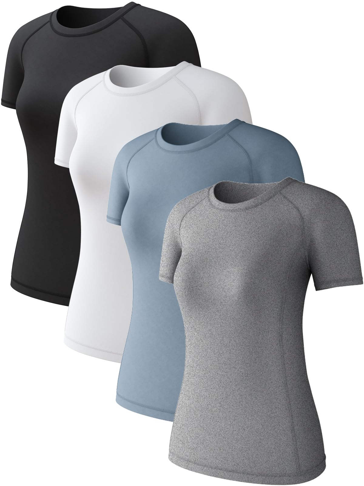 Photo 1 of 4 Pack Women's Short Sleeve Compression Shirts Dry Fit Workout Athletic Undershirt Sun Protection Rash Guard Tops for Yoga Running Gym Black White Grey Blue XX-Small