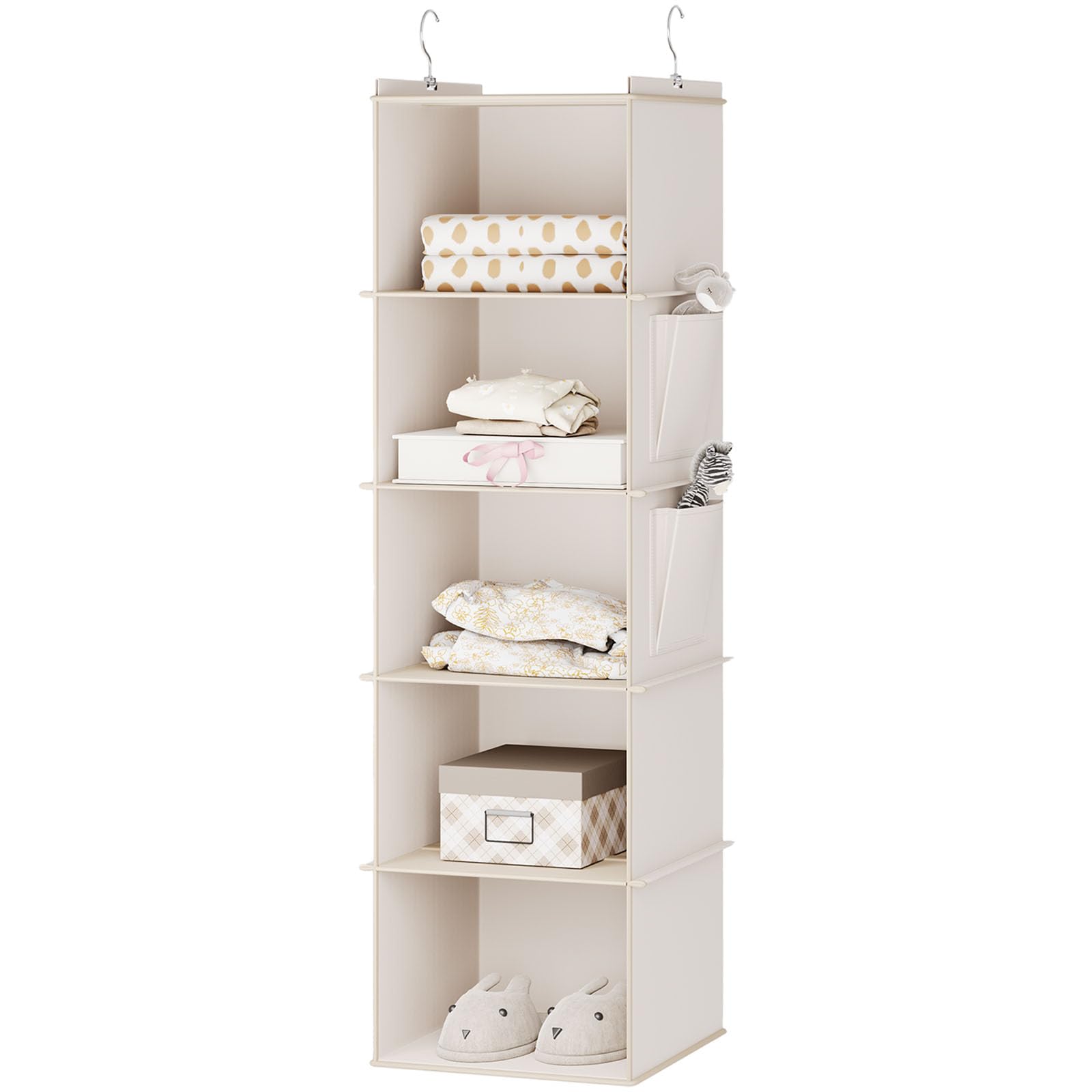 YOUDENOVA Hanging Storage 5 Shelves Closet Organizers and Storage Foldable Hanging Shelves with Side Pockets Wardrobe Storage Organizer for Clothes Beige
