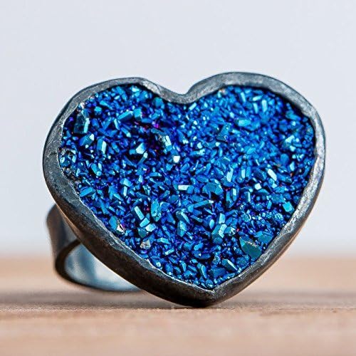 Size 5.5 Dark Blue Heart Shaped Druzy Agate Gemstone Ring in Oxidized Black Sterling Silver