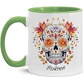 Sugar Skull Mug With Customized Name, Colorful Day Of The Dead Design Cup, Floral Skull Accent Mug 11Oz Or 15Oz, Custom Sugar Skull Design Coffee Cup, Personalized Skull Themed Ceramic Mug