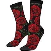 Red Rose Flower Trendy Novelty Socks For Men Women, Funny Crazy Crew Socks Casual Dress Socks Gifts
