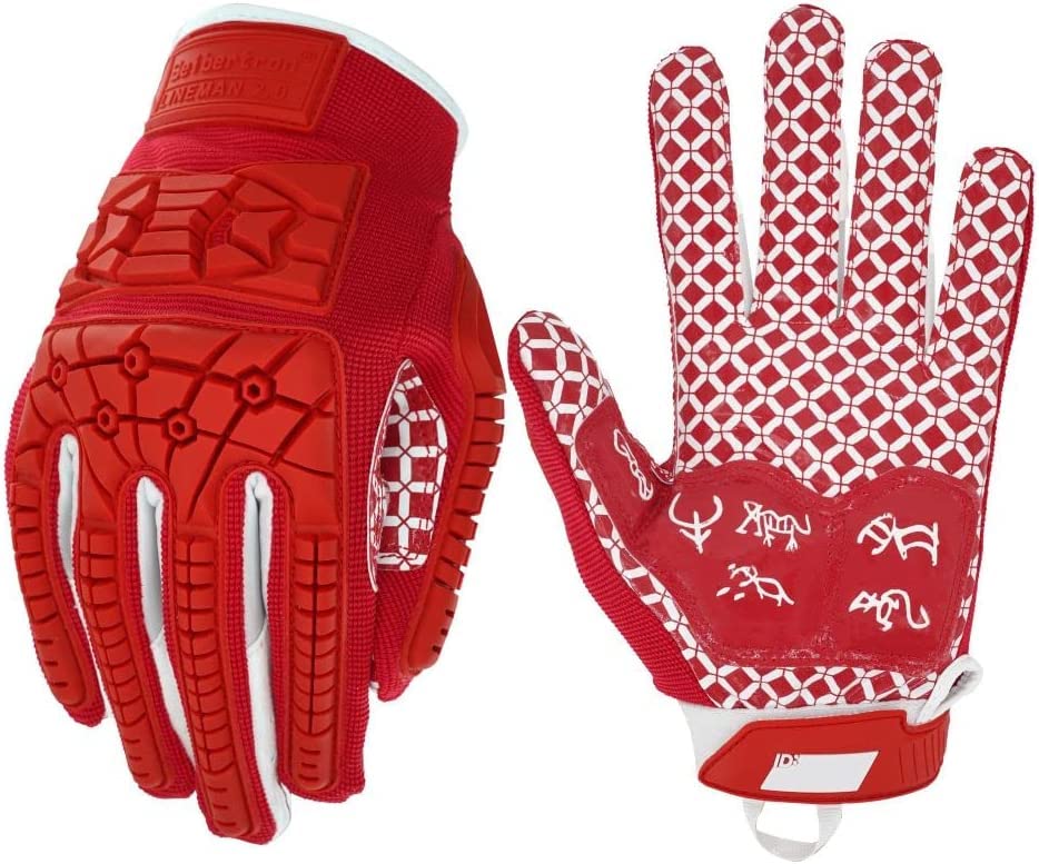 Seibertron Lineman 2.0 Padded Palm Football Receiver Gloves, Flexible TPR Impact Protection Back of Hand Glove Adult Sizes Red XL
