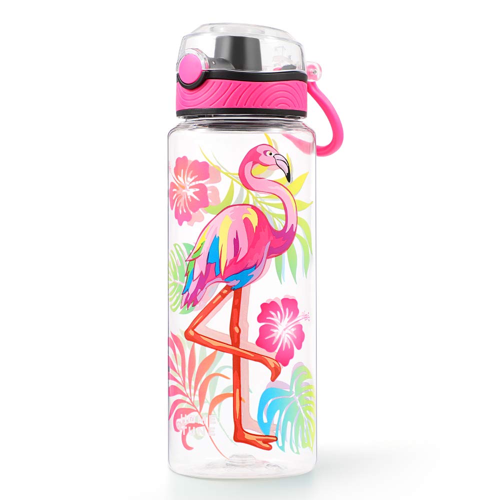 Home Tune Cute Water Bottle, BPA FREE Tritan, Leak Proof, Easy Clean, Carry Handle, 680ml - Flamingo