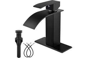 Midanya Matte Black Bathroom Faucet with Waterfall Spout, Single Hole or 3-Hole Deck Mount, 304 Stainless Steel Sink Faucet with Pop-Up Drain, RV Vanity Compatible
