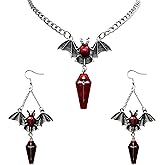 IS4U Gothic Bat Earring Necklace Set Vintage Dark Heart Mirror Coffin Dangle Drop Earrings Necklace Punk Style Dark Set Halloween Vampire Costume
