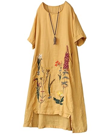 Mallimoda Damen Rundhals Kurzarm Sommerkleid Embroidery Leinen Kleider