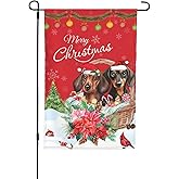 Merry Christmas Dachshund Puppy Dog Poinsettia Flowers Garden Flag 12x18 Inch Double Sided Vertical Decoration Yard Small Flag For Outside Holiday Seasonal Outdoor