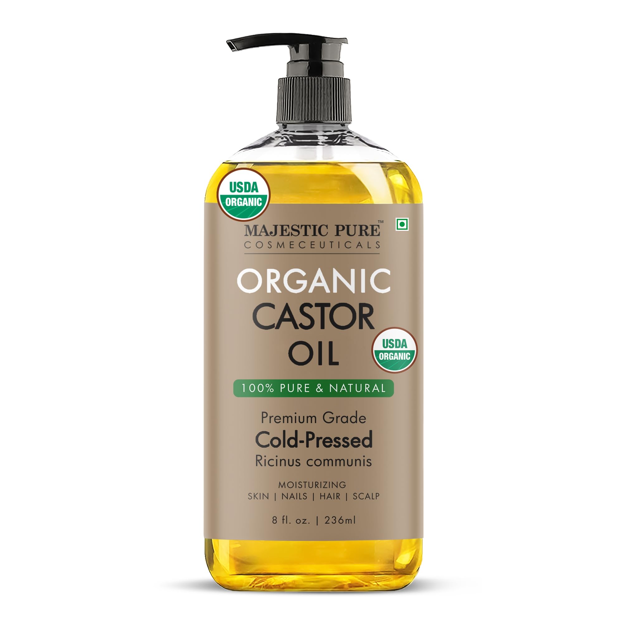 MAJESTIC PURE USDA Organic Castor Oil | Hexane Free & 100% Pure | Cold Pressed | Stimulate Growth for Hair, Eyelashes, Eyebrows, Nails | Moisturizing & Nourishing | Body, Hair & Carrier Oil | 236 ml
