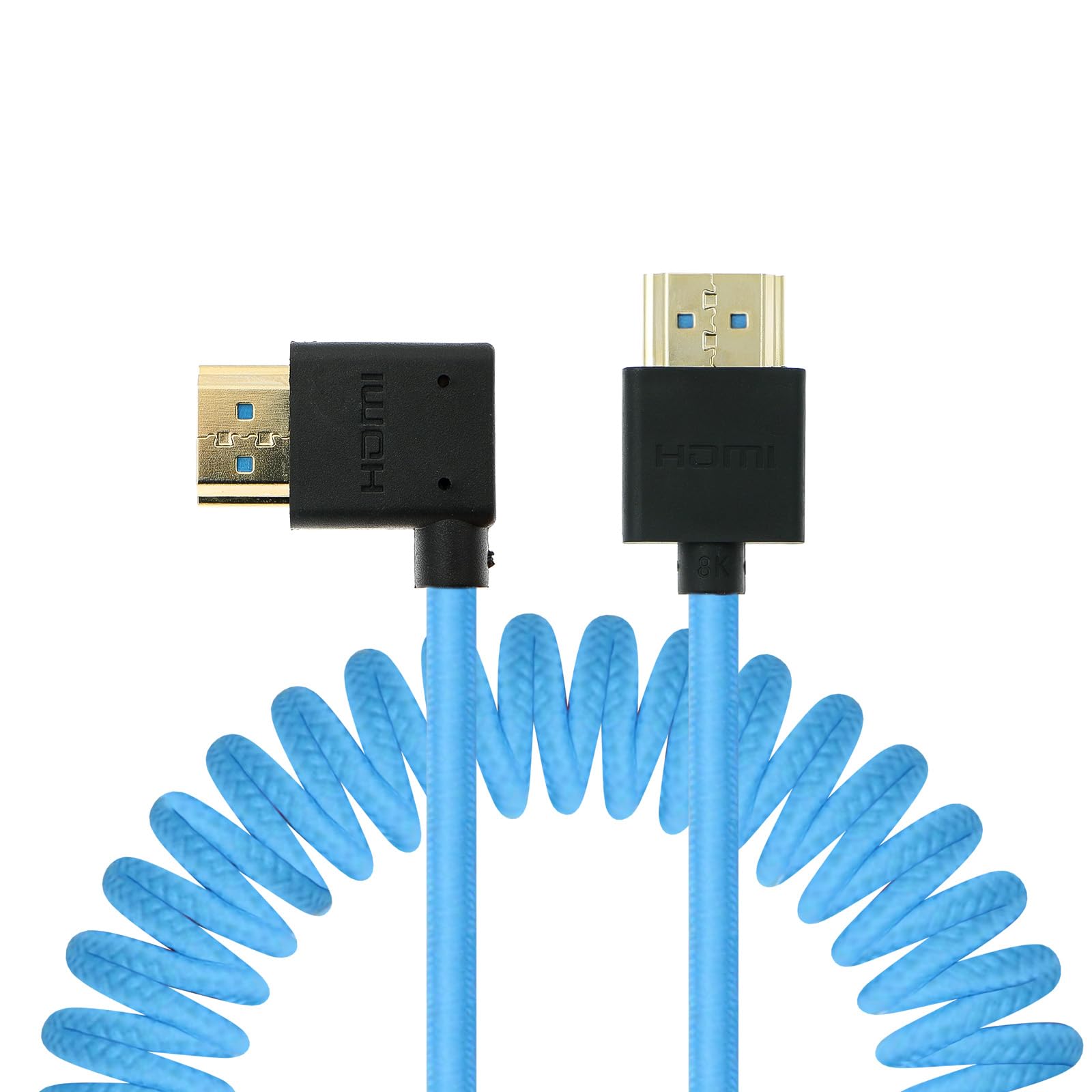 Uonecn Left Angle HDMI 2.1 Cable for Atomos Ninja V, Portkeys BM5, 48Gbps 8K Braided Coiled HDMI Cord for Sony A7iv, Z-CAM F6, Z-Cam E2 Pro Cameras