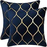 DEZENE Gold Velvet Throw Pillow Covers Navy: 2 Pack 16x16 Inch Square Decorative Pillow Cases for Bedroom Sofa Couch Living Room