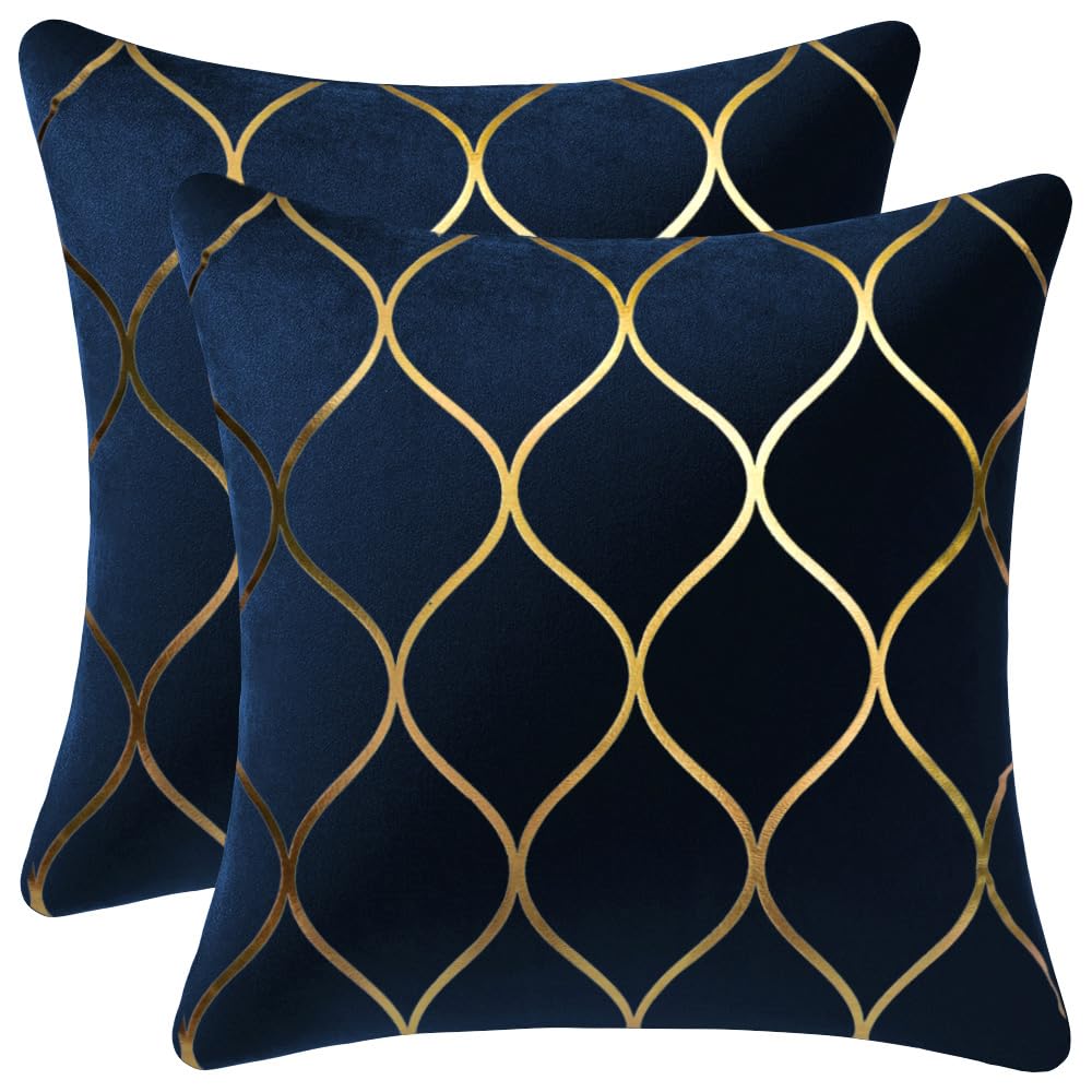Photo 1 of DEZENE Gold Velvet Throw Pillow Covers Navy: 2 Pack 24x24 Inch Square Decorative Pillow Cases for Bedroom Sofa Couch Living Room