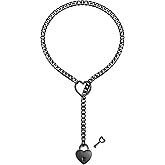 paloli Womens Slip Chain Necklace Heart O-Ring, Punk Rock Cuban Long Necklace Jewelry For Women, Adjustable Lariat Y-Necklace Heart Locker With Key