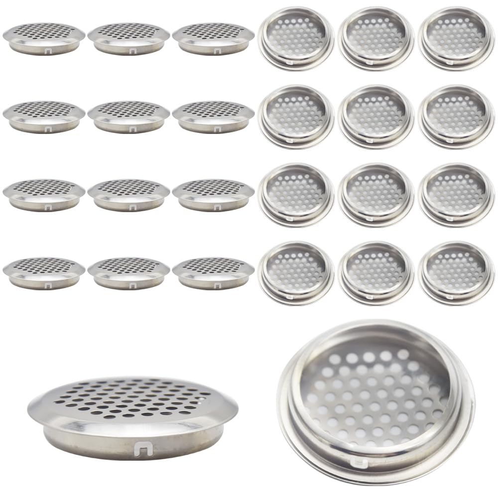 Hocansen 30Pcs Air Vent Cover 53mm Round Shaped Mesh Hole Stainless Steel Ventilation Louver Cover for Cabinet, Wardrobe, or Shoe Cabinet (FK/53MM)