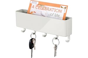 mDesign Plastic Wall Mount Mail and Key Holder with 5 Hooks, Hanger Rack Shelf for Home Entryway, Mudroom, Kitchen, Hold Letters, Cards, Magazines, Coats, Umbrellas, Ligne Collection, Light Stone Gray