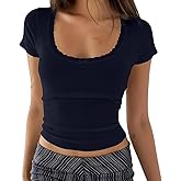 AKLOPVII Women Y2K Lace Patchwork Pointelle Knit Short Sleeve Crop Tshirt Sexy Scoop Neck Bow Fitted Aesthetic Tee Tops