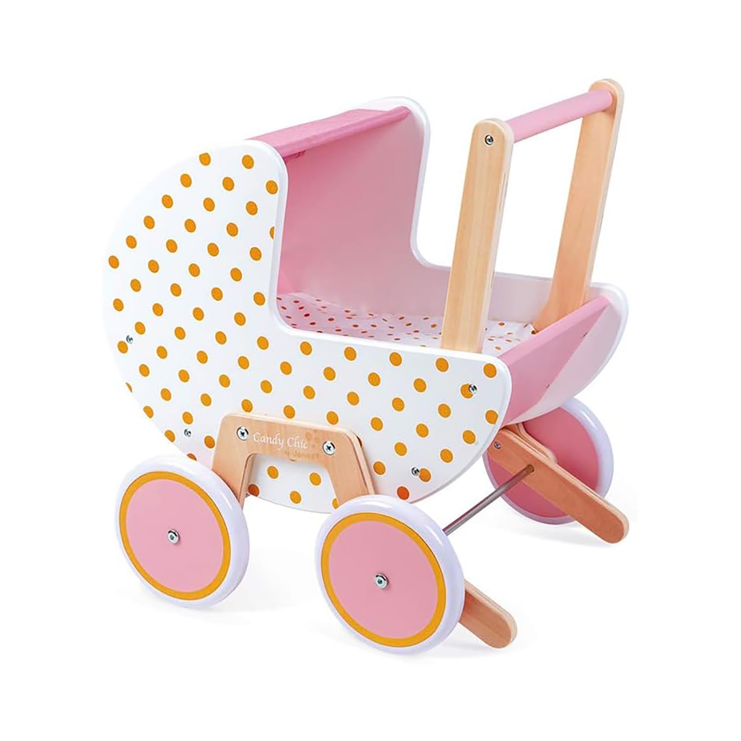 Janod - Candy Chic Wooden Pram - with Pillow and Blanket - Quiet Rubber Wheels - Removable Anti-Tip System - Baby Accessories - from 18 Months Old, J05886