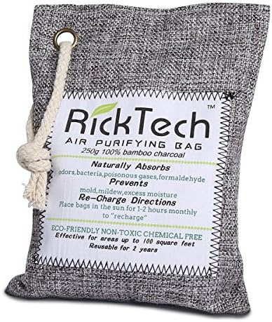 RickTech Air Purifying Bag 250g, Natural Activated Bamboo Charcoal Freshener Odor Absorber Eliminator with Hook, for Cars, Closets, Bathrooms and Pet Areas